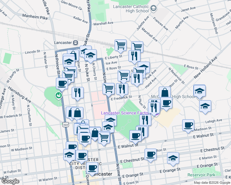 map of restaurants, bars, coffee shops, grocery stores, and more near 231 East Frederick Street in Lancaster