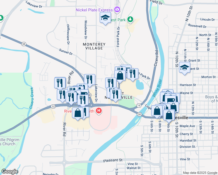map of restaurants, bars, coffee shops, grocery stores, and more near 222 Logan Street in Noblesville