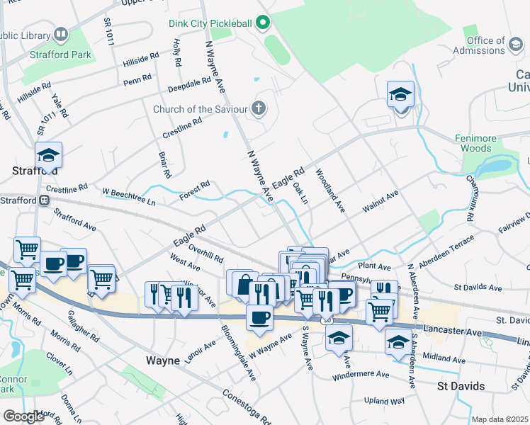 map of restaurants, bars, coffee shops, grocery stores, and more near 412 North Wayne Avenue in Wayne