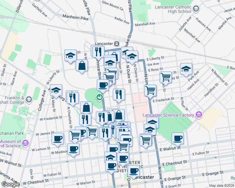 map of restaurants, bars, coffee shops, grocery stores, and more near 629 North Market Street in Lancaster
