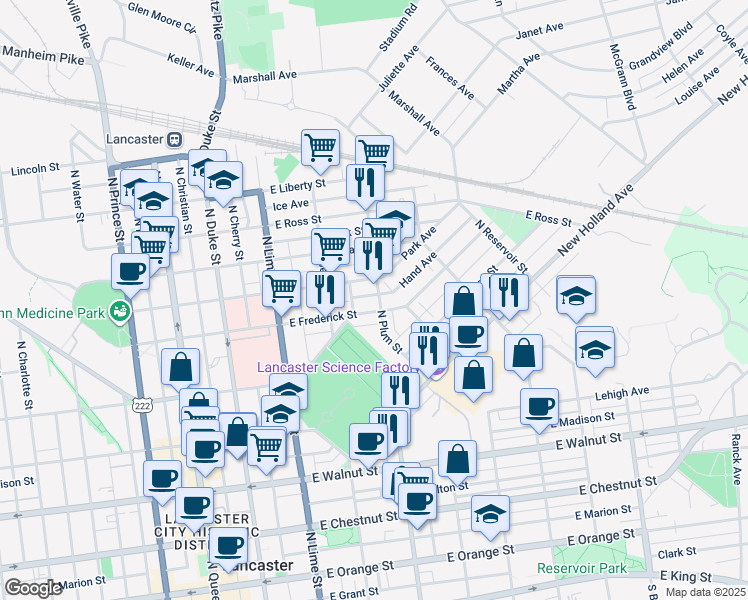 map of restaurants, bars, coffee shops, grocery stores, and more near 614 North Plum Street in Lancaster