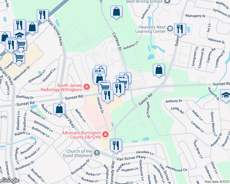 map of restaurants, bars, coffee shops, grocery stores, and more near 1100 Sunset Road in Burlington