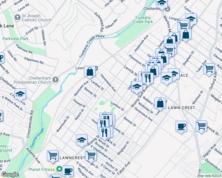 map of restaurants, bars, coffee shops, grocery stores, and more near 314 Devereaux Avenue in Philadelphia