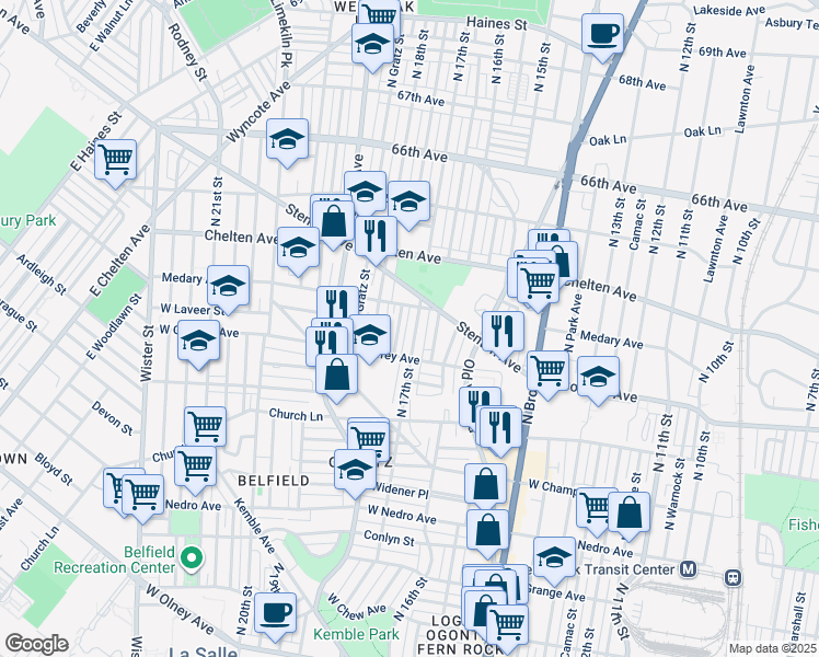 map of restaurants, bars, coffee shops, grocery stores, and more near 6234 North 17th Street in Philadelphia