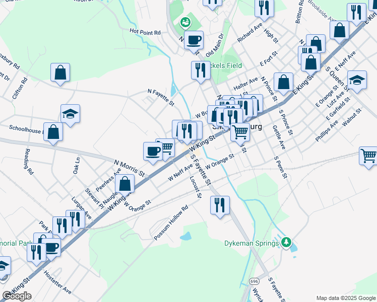 map of restaurants, bars, coffee shops, grocery stores, and more near 103 West King Street in Shippensburg