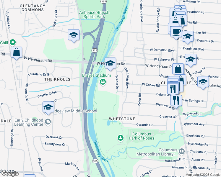 map of restaurants, bars, coffee shops, grocery stores, and more near 4405 Scenic Drive in Columbus