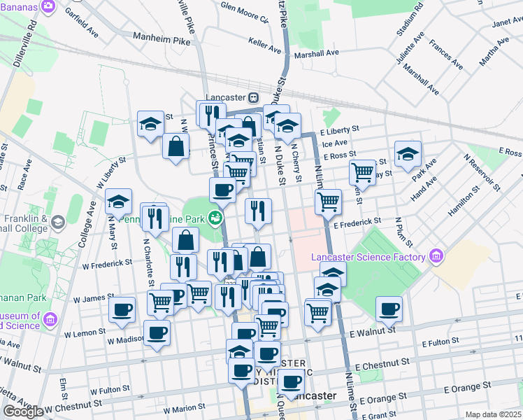 map of restaurants, bars, coffee shops, grocery stores, and more near 629 North Market Street in Lancaster