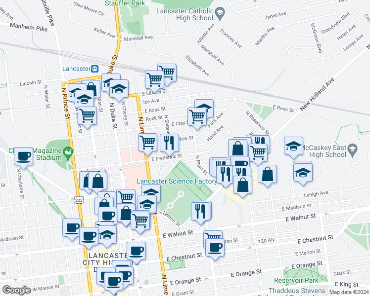 map of restaurants, bars, coffee shops, grocery stores, and more near 332 Hand Avenue in Lancaster