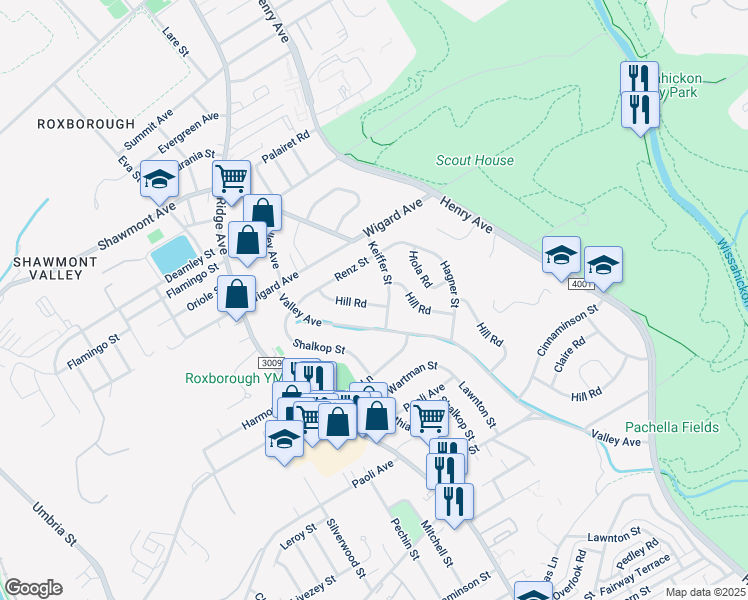 map of restaurants, bars, coffee shops, grocery stores, and more near 7411 Hill Road in Philadelphia