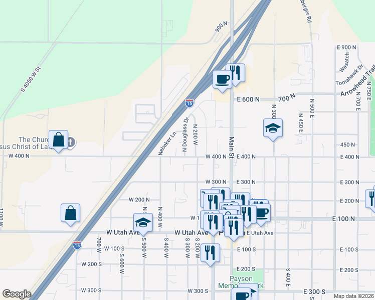 map of restaurants, bars, coffee shops, grocery stores, and more near 416 North 250 West in Payson
