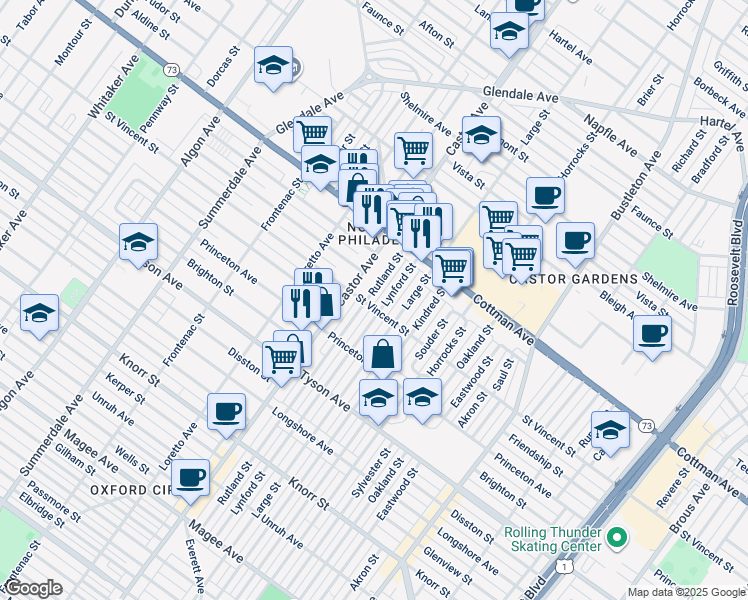 map of restaurants, bars, coffee shops, grocery stores, and more near 7207 Rutland Street in Philadelphia