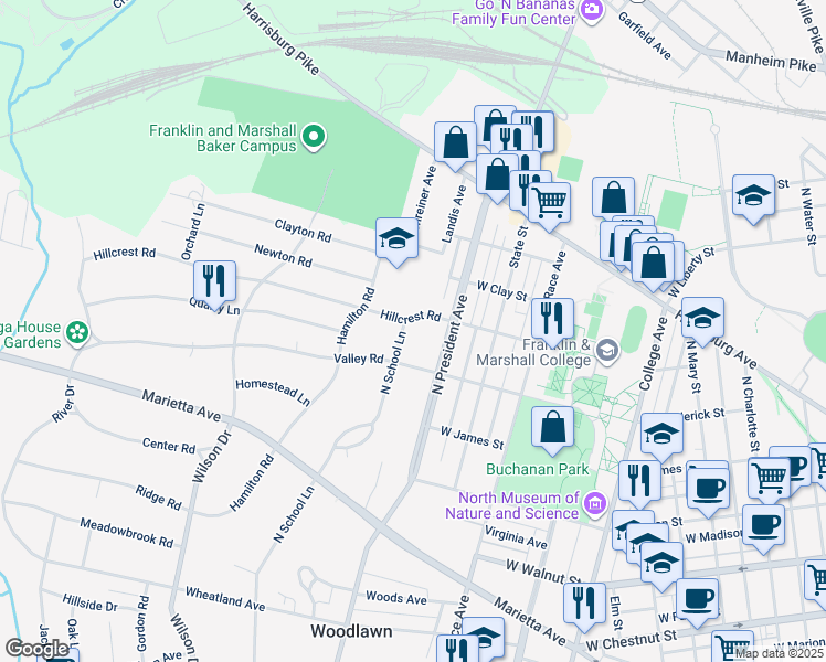 map of restaurants, bars, coffee shops, grocery stores, and more near 647 North School Lane in Lancaster