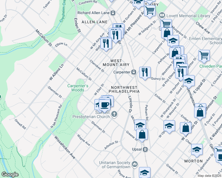 map of restaurants, bars, coffee shops, grocery stores, and more near in Philadelphia