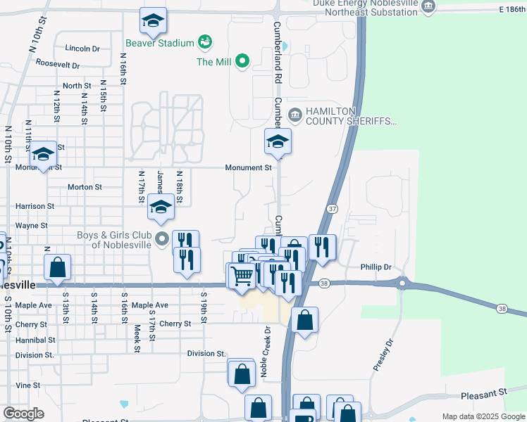 map of restaurants, bars, coffee shops, grocery stores, and more near 814 Noble Run in Noblesville