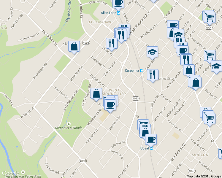 map of restaurants, bars, coffee shops, grocery stores, and more near 7009 McCallum Street in Philadelphia