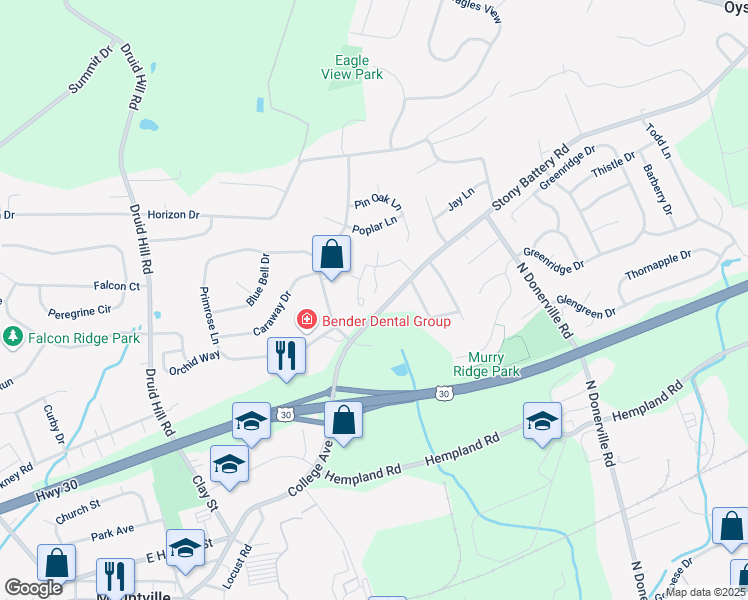 map of restaurants, bars, coffee shops, grocery stores, and more near 11 Apple Lane in Mountville