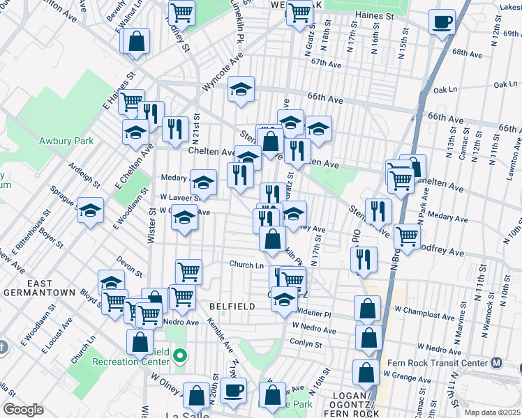 map of restaurants, bars, coffee shops, grocery stores, and more near 1910R West Laveer Street in Philadelphia