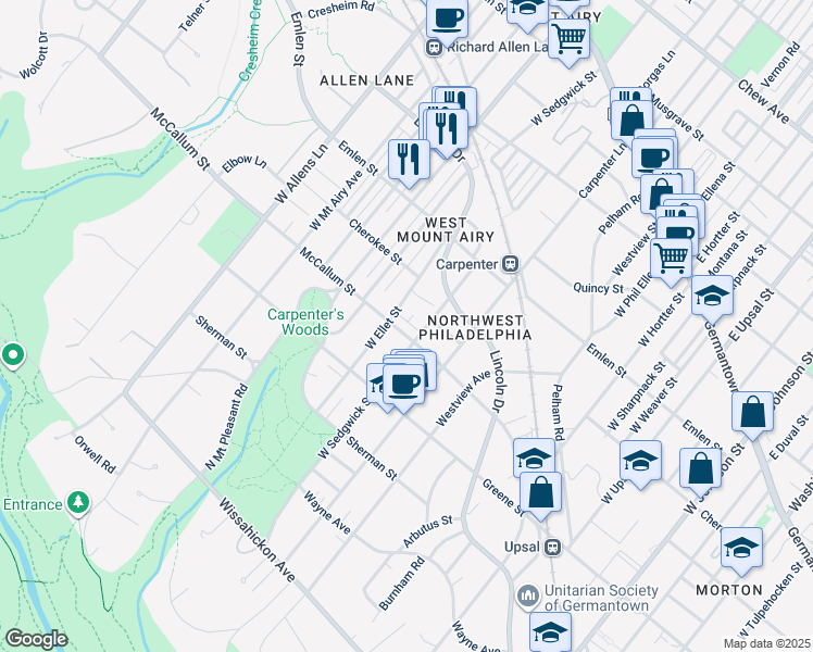 map of restaurants, bars, coffee shops, grocery stores, and more near 7009 McCallum Street in Philadelphia