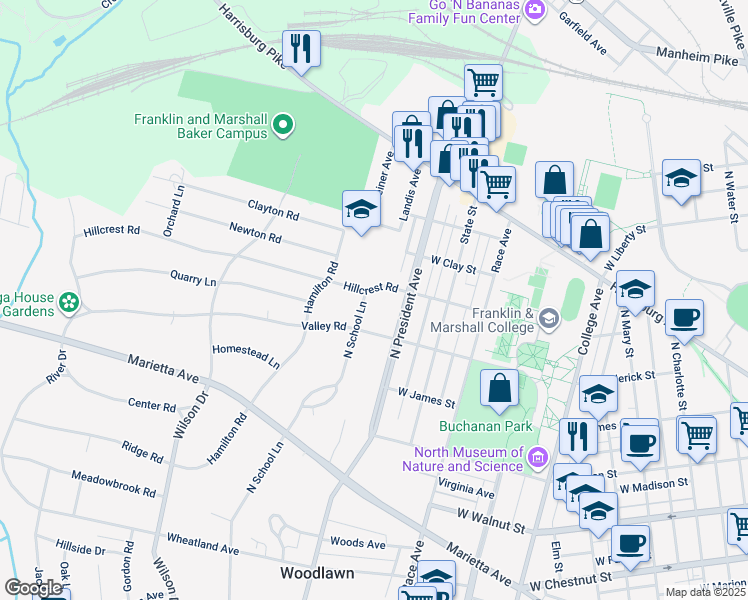 map of restaurants, bars, coffee shops, grocery stores, and more near 647 North School Lane in Lancaster