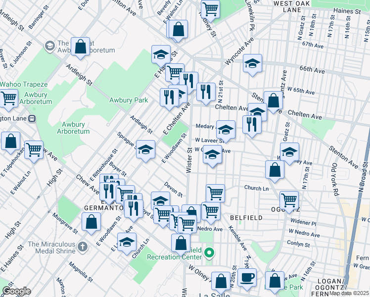 map of restaurants, bars, coffee shops, grocery stores, and more near 5530 Ardleigh Street in Philadelphia