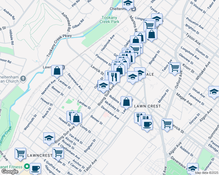 map of restaurants, bars, coffee shops, grocery stores, and more near 6320 Rising Sun Avenue in Philadelphia