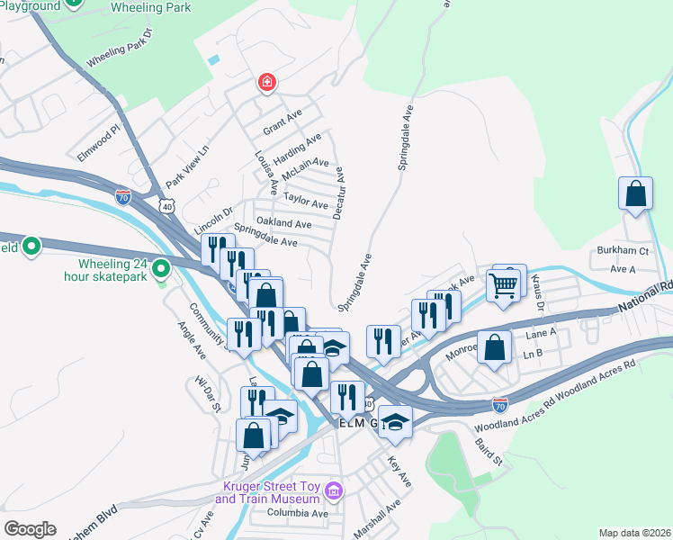 map of restaurants, bars, coffee shops, grocery stores, and more near 237 Springdale Ave in Wheeling