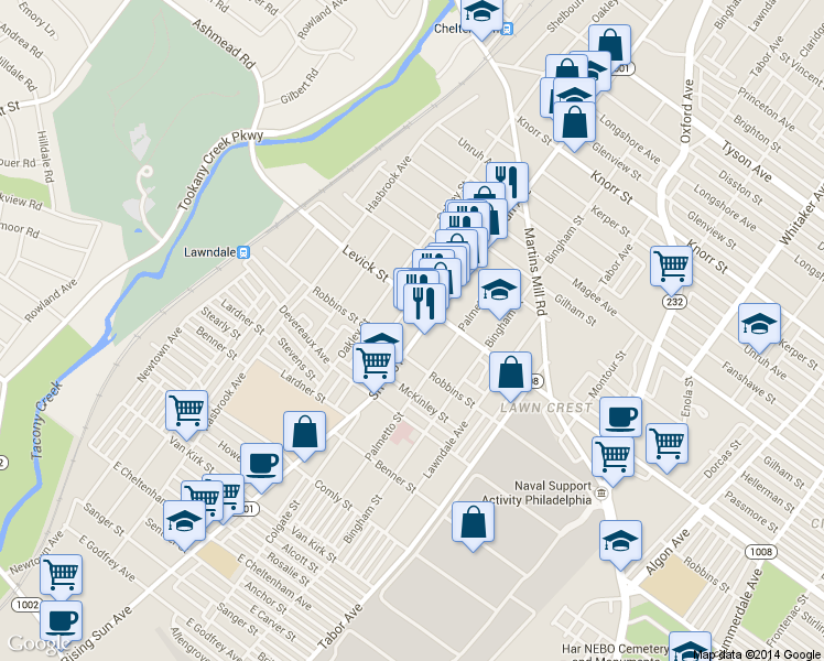 map of restaurants, bars, coffee shops, grocery stores, and more near 6320 Rising Sun Ave in Philadelphia