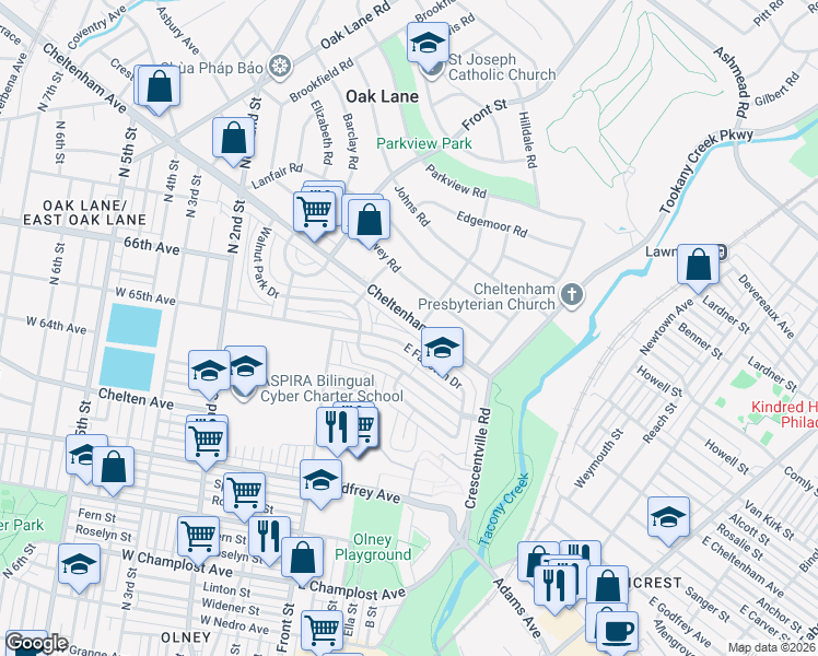 map of restaurants, bars, coffee shops, grocery stores, and more near 151 East Fariston Drive in Philadelphia