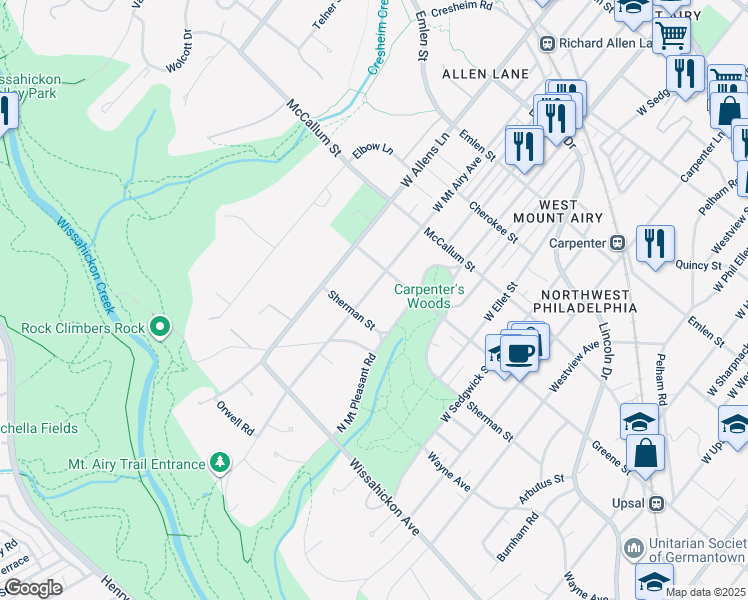 map of restaurants, bars, coffee shops, grocery stores, and more near 706 West Mount Airy Avenue in Philadelphia