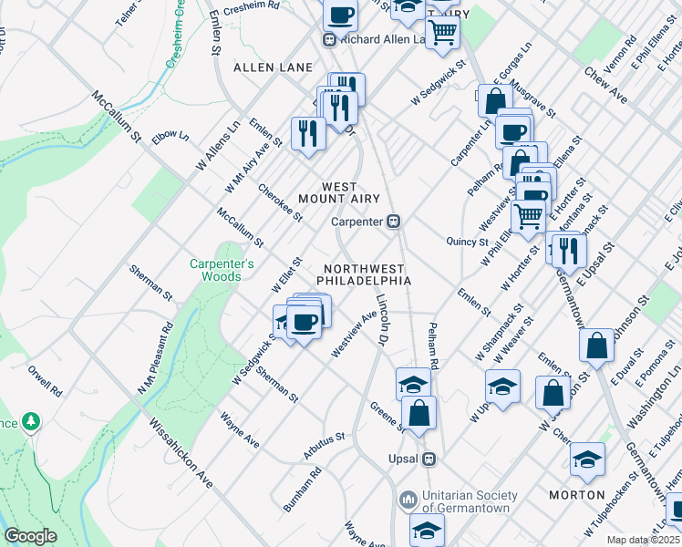 map of restaurants, bars, coffee shops, grocery stores, and more near 6911 Cherokee Street in Philadelphia