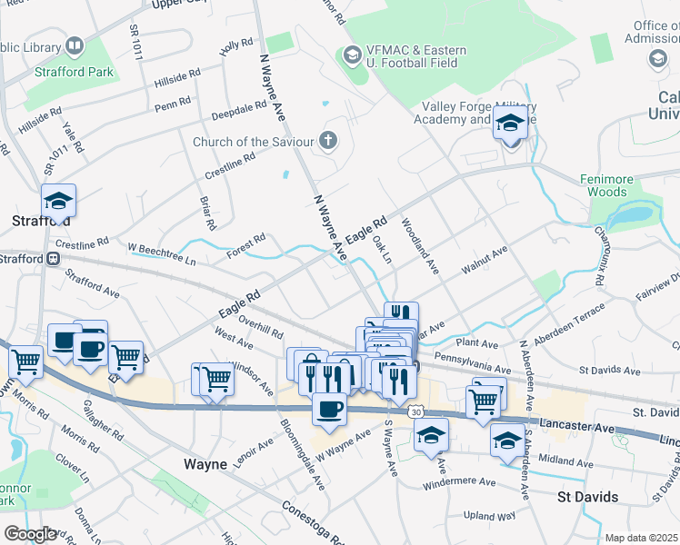 map of restaurants, bars, coffee shops, grocery stores, and more near 412 North Wayne Avenue in Wayne