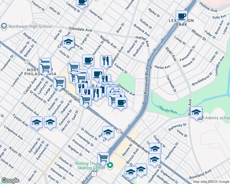 map of restaurants, bars, coffee shops, grocery stores, and more near 2412 Vista St in Philadelphia