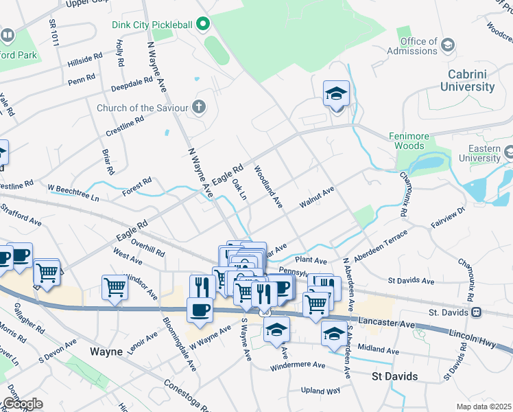 map of restaurants, bars, coffee shops, grocery stores, and more near 337 Oak Lane in Wayne