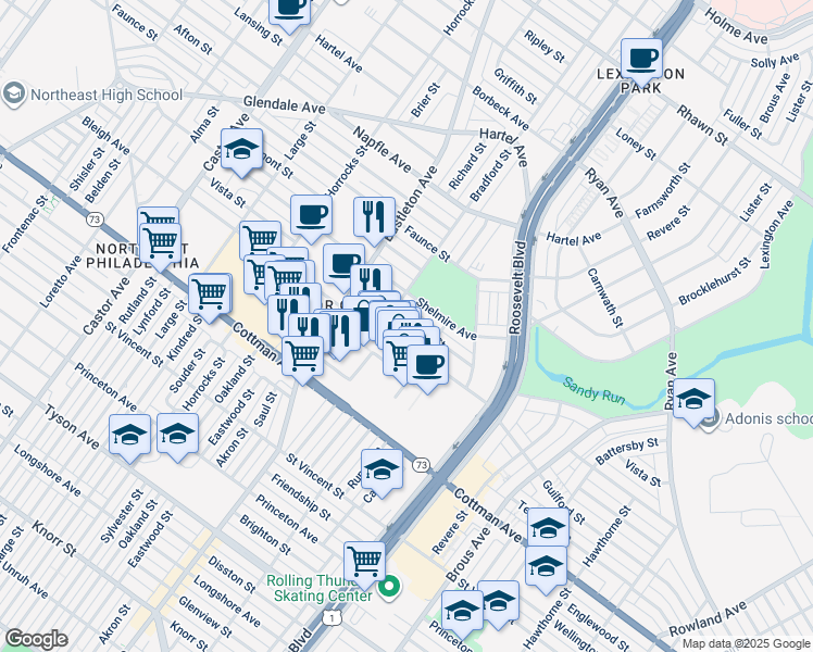 map of restaurants, bars, coffee shops, grocery stores, and more near 2412 Vista Street in Philadelphia