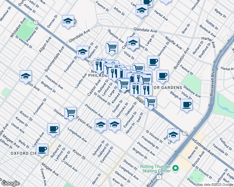 map of restaurants, bars, coffee shops, grocery stores, and more near 7250 Kindred Street in Philadelphia