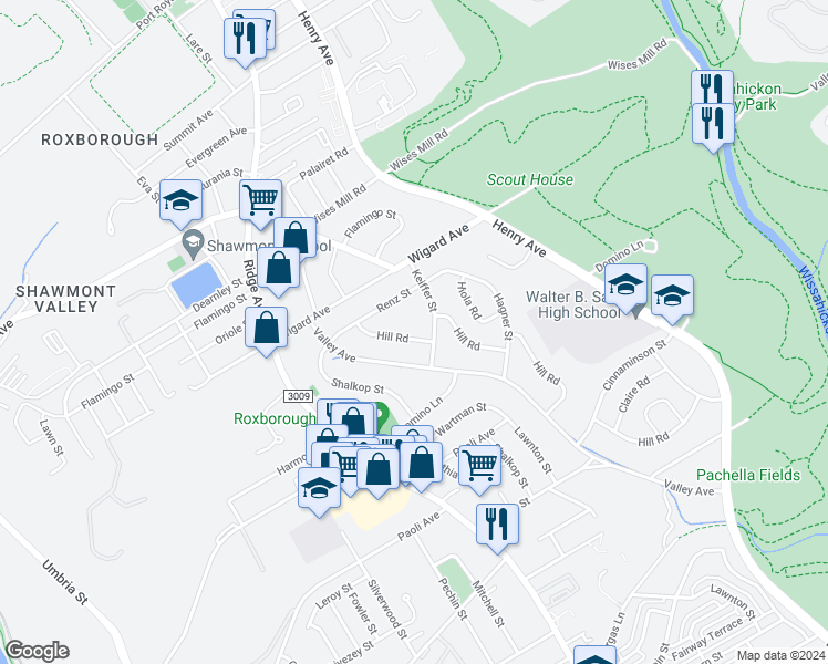 map of restaurants, bars, coffee shops, grocery stores, and more near 7415 Hill Road in Philadelphia