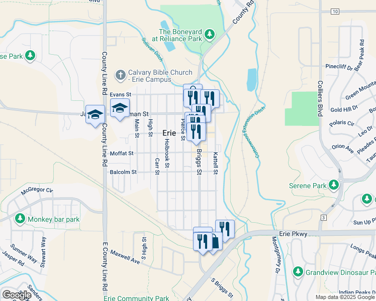 map of restaurants, bars, coffee shops, grocery stores, and more near 450 Briggs Street in Erie