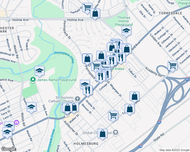 map of restaurants, bars, coffee shops, grocery stores, and more near 3920 Pennypack Street in Philadelphia
