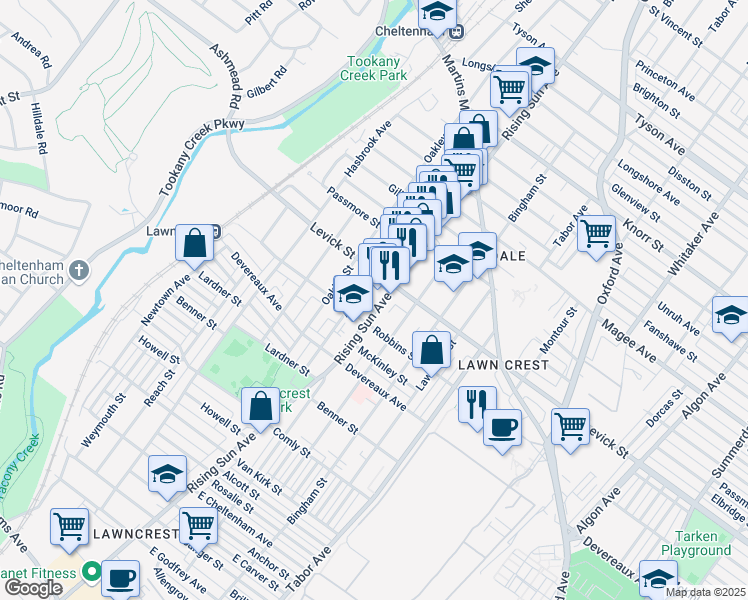 map of restaurants, bars, coffee shops, grocery stores, and more near 6313 Rising Sun Avenue in Philadelphia