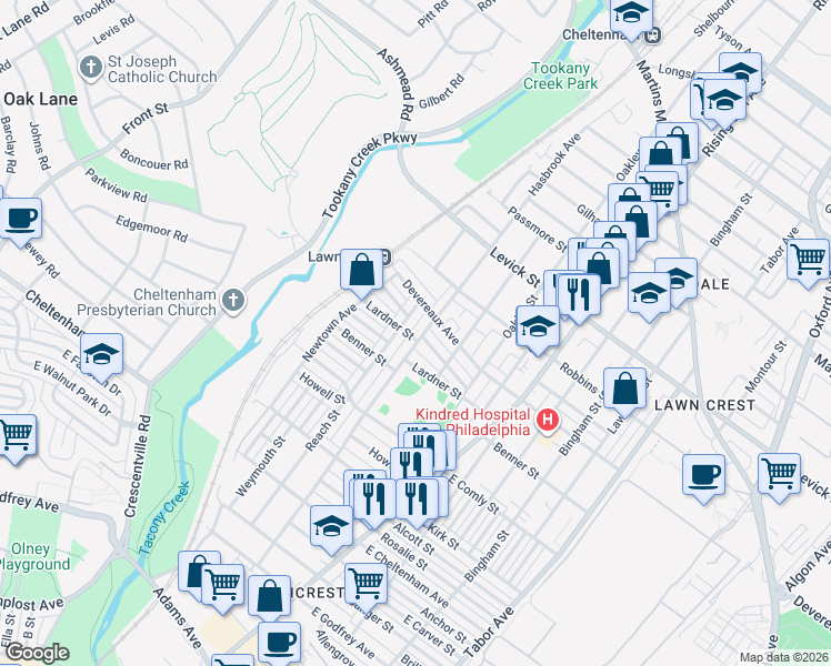 map of restaurants, bars, coffee shops, grocery stores, and more near 305 Lardner Street in Philadelphia