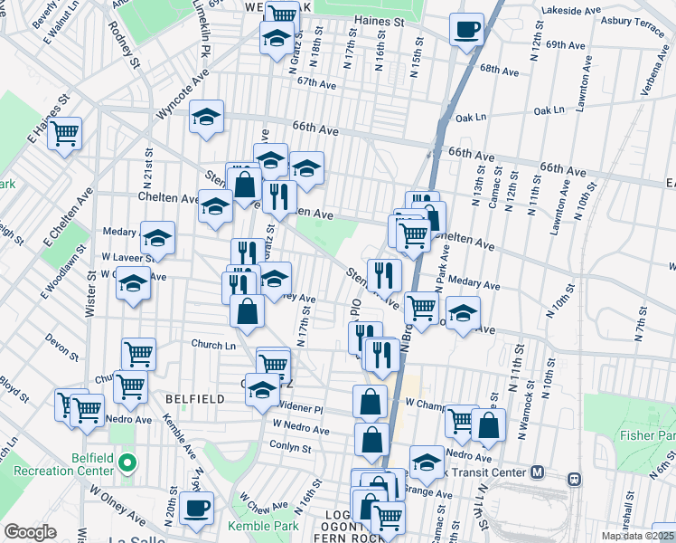 map of restaurants, bars, coffee shops, grocery stores, and more near 1606 Stenton Avenue in Philadelphia