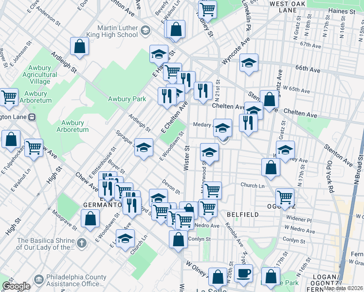 map of restaurants, bars, coffee shops, grocery stores, and more near 5530 Ardleigh Street in Philadelphia