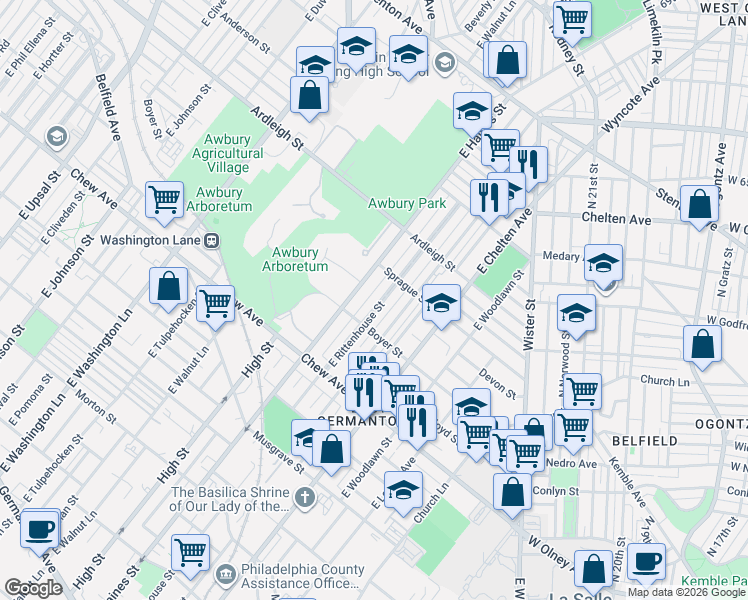 map of restaurants, bars, coffee shops, grocery stores, and more near 905 East Rittenhouse Street in Philadelphia