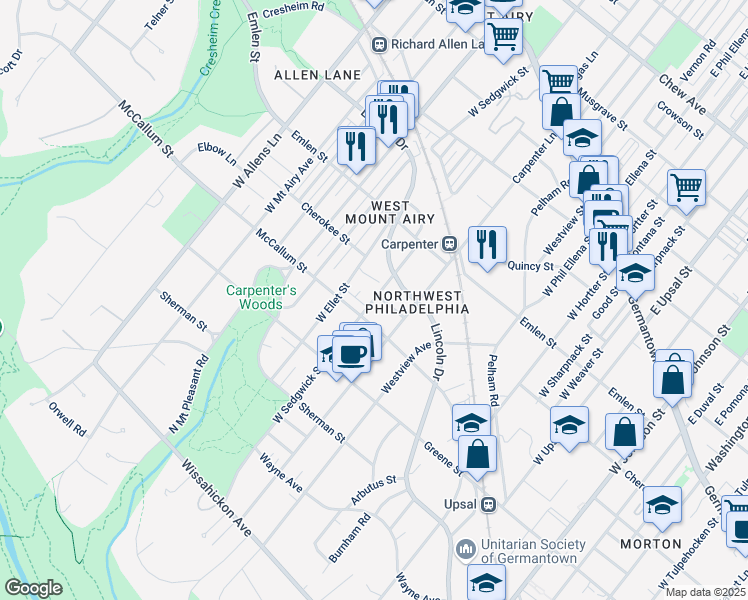 map of restaurants, bars, coffee shops, grocery stores, and more near 440 West Sedgwick Street in Philadelphia