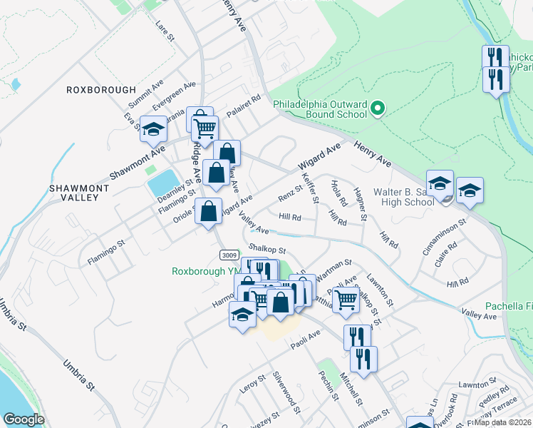map of restaurants, bars, coffee shops, grocery stores, and more near 7369 Valley Avenue in Philadelphia