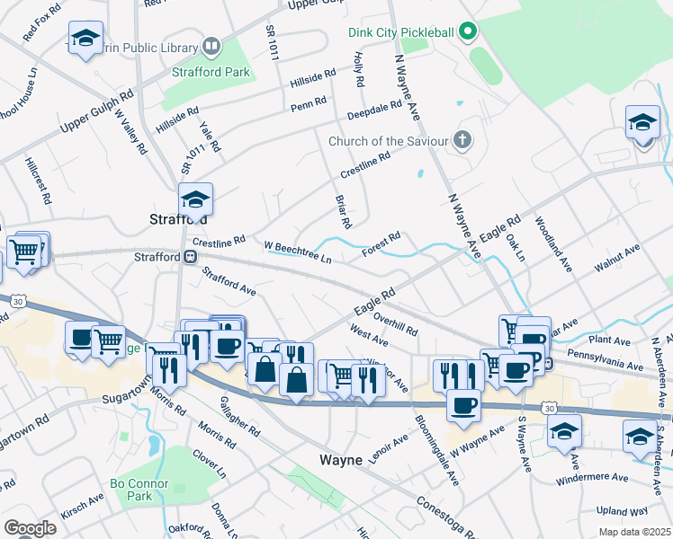 map of restaurants, bars, coffee shops, grocery stores, and more near 524 West Beechtree Lane in Wayne