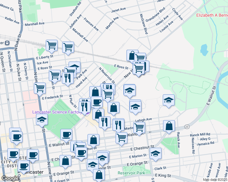 map of restaurants, bars, coffee shops, grocery stores, and more near 646 New Holland Avenue in Lancaster