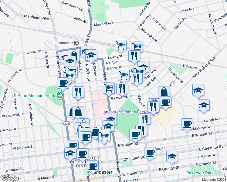 map of restaurants, bars, coffee shops, grocery stores, and more near 231 East Frederick Street in Lancaster