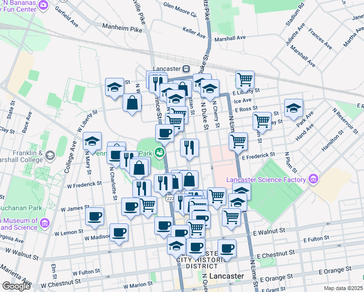 map of restaurants, bars, coffee shops, grocery stores, and more near 629 North Market Street in Lancaster