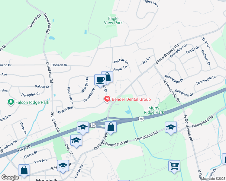 map of restaurants, bars, coffee shops, grocery stores, and more near 23 Beechtree Lane in Mountville